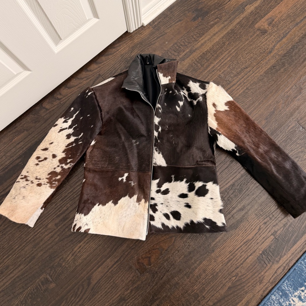 Cowhide Patchwork Zip Jacket - Brown & White